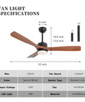 Specifications for 52 Inch Solid Wood Ceiling Fan With Lights And Remote, Low Profile Farmhouse Style, including dimensions.