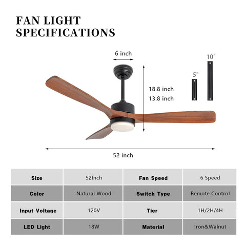 Specifications for 52 Inch Solid Wood Ceiling Fan With Lights And Remote, Low Profile Farmhouse Style, including dimensions.