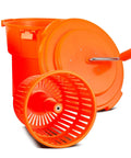 Heavy Hitter Commercial Salad Spinner With 5.5 Gallon 20 Quart Capacity showing orange plastic bowl and drying basket.