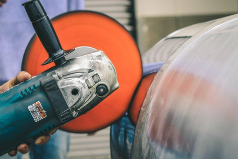 Aluminum Polishing Kit With Dual Buffing Wheels Polishing Compounds Right Angle Grinder in use on metal surface