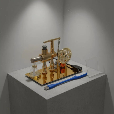 Visible Steam Engine Demonstrator Model With Metal Construction For Hands On Learning Toy Classroom And Home Projects That Really Shows How Thermal Engines Work For Student Experiments. Metal steam engine model on pedestal, side view