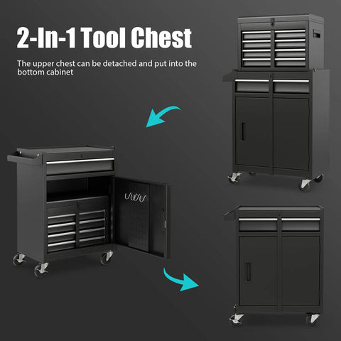 Five Drawer Rolling Tool Chest With Detachable Top Box, Locking Wheels, Adjustable Shelves, Liner, Heavy Duty Metal Tool Cart