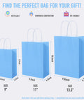 Three blue gift bags in different sizes with handles, featuring size dimensions for the 32 Piece Gift Bags Set With 32 Tissues Eight Color Rainbow Party Favors With Handles For Wedding Birthday Parties And Gifts Ideal For Gift Wrapping Party Decor Event Giveaways School And Baby Showers.