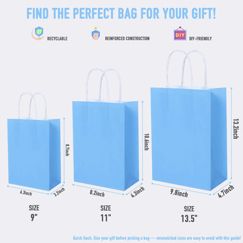 Three blue gift bags in different sizes with handles, featuring size dimensions for the 32 Piece Gift Bags Set With 32 Tissues Eight Color Rainbow Party Favors With Handles For Wedding Birthday Parties And Gifts Ideal For Gift Wrapping Party Decor Event Giveaways School And Baby Showers.