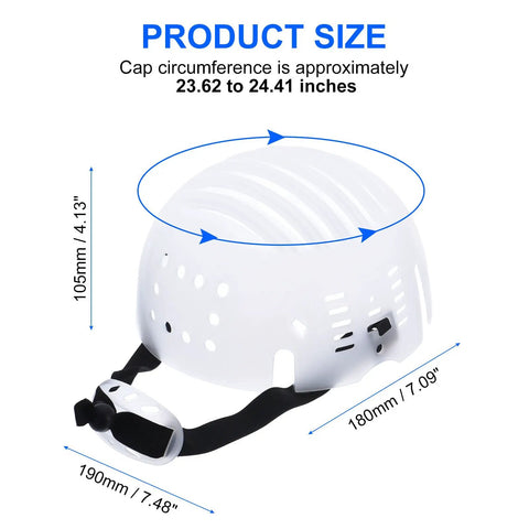 Two Pack PE Lined Bump Cap Inserts For Head Protection, Lightweight Universal Baseball Hard Hat Inserts With Adjustable Strap, White, Fits 58 To 62 Cm Heads, 180mm L x 190mm W x 105mm H product size illustration