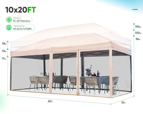 10x20 Pop Up Screened Canopy Tent With Mosquito Netting set up with tables and chairs for outdoor gatherings