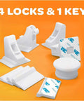 Set of four white magnetic cabinet locks with 3M adhesive and one key on orange background, part of kid proofing system.