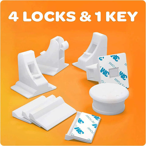 Set of four white magnetic cabinet locks with 3M adhesive and one key on orange background, part of kid proofing system.
