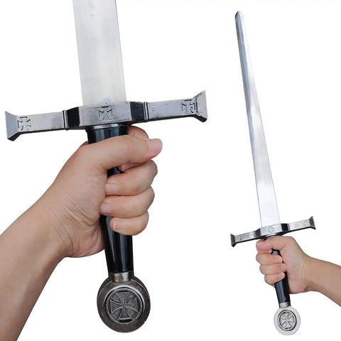 Person holding Stainless Steel Medieval Cross Crusader Knight Templar Sword With Scabbard 33.9 Inch Overall Length 23 Inch Blade 6.1 Inch Handle