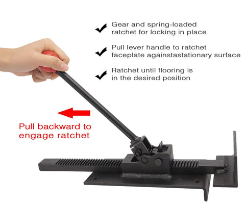 Person using Flooring Jack Tool For Hardwood And Laminate Installations Wood Floor Positioning Jack With Ratchet Hands Free Nailing