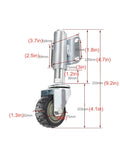 Hella Sturdy 3 Inch Heavy Duty Spring Gate Wheels Featuring Adjustable Shock Absorber Casters, detailed dimensions.