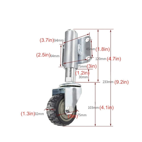 Hella Sturdy 3 Inch Heavy Duty Spring Gate Wheels Featuring Adjustable Shock Absorber Casters, detailed dimensions.