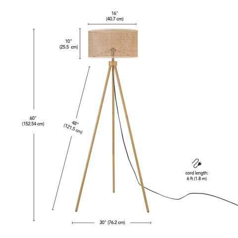60 Inch Floor Lamp With Faux Wood Tripod Base And Rattan Shade On Off Rotary Switch For Easy Control, detailed dimensions shown.