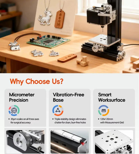 Heavy Duty All Metal Mini Bench Drill Press 36W For Wood And Metal PCB with PCB layout and crafted items on a work table.