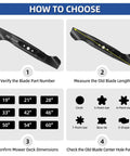 Guide on choosing Mower Blade Replacement For Cub Cadet Enduro XT1 46 XT2 46 ZT1 46 46 Inch Deck with images of blade measurements.