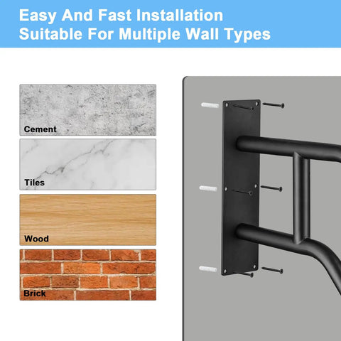 Rock Solid Wall Mounted Handrail For Porch And Stairs With Non Slip U Shaped Handle Heavy Duty Safety Grab Bar installation guide for various wall types.