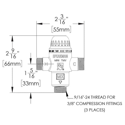 Diagram of Under Counter Thermostatic Mixing Valve TMV Rough Brass Finish For Safe Hot Water Control Compact ASSE 1070 Certified