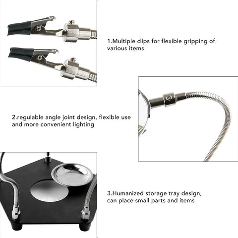Close-up of Soldering Helper Arm With 3X Magnifying Lamp showing flexible clips, angle joints, and storage tray for electronics work.