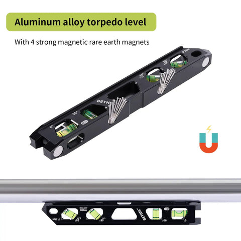 Magnetic Torpedo Level With Four Vials, V Groove And Magnet Track, Aluminum Alloy Build, Pro Grade High Viz Black 9 Inch Conduit Level