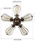 Top view of Vintage Industrial 5-Light Bronze Ceiling Light Semi-Flush Mount, Metal Fixture With Painted Finish showing dimensions.
