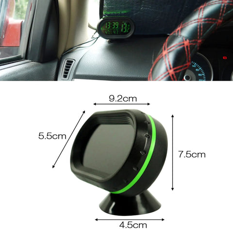 Shkalacar digital thermometer and clock with green LED ring installed on a car dashboard