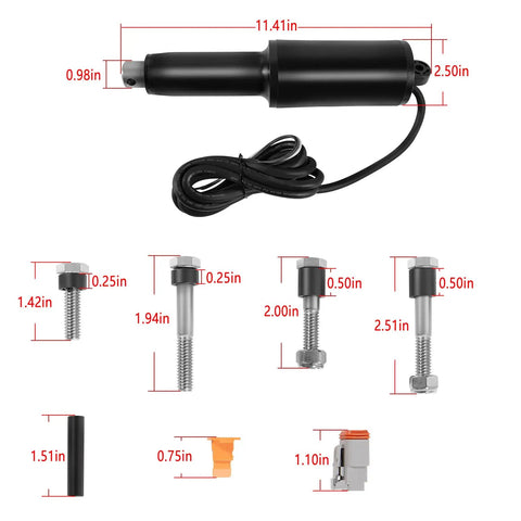 Trim Tab Actuator Beefy Heavy Duty Short Replacement For Boats 12V With Two And A Quarter Inch Stroke Ten Point Eight Inch Overall Length Six Foot Cable Five Sixteenths Inch Mounting Hardware Replaces 15057 001 And 20402 001 with mounting hardware and cable