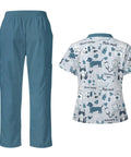 Women's Gray Blue Veterinary Scrub Set With Animal Print for Nurses, Dental Hygienists, Vet Techs, and Groomers