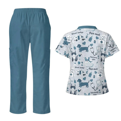 Women's Gray Blue Veterinary Scrub Set With Animal Print for Nurses, Dental Hygienists, Vet Techs, and Groomers