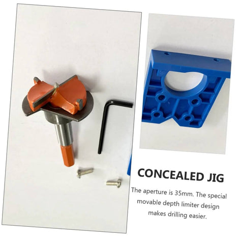 Gadpiparty hinge-boring jig set with orange drill-bit positioner and blue 35mm jig, includes hex key and screws