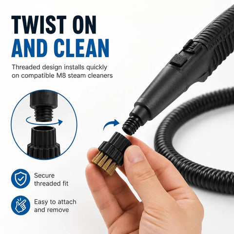 Knock Dust To The Curb With These 6 Piece Steam Cleaner Brush Heads Replacement Attachments For M8 Steamer On Hard Floors. Close-up of threaded brush head attachment.