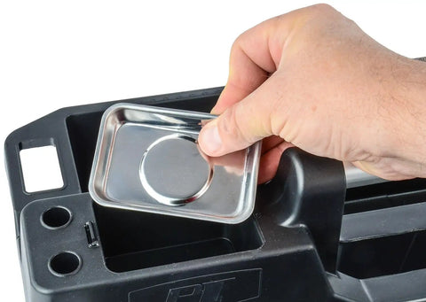 Close-up of Pro Tool Caddy With Dual Oversized Compartments, Removable Magnetic Tray, Hidden Storage, in use