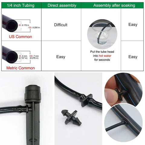 Installation guide for 25 Adjustable Drip Irrigation Emitters With Stakes 0 To 18 GPH Flow 360 Degree Sprinkler Heads showing tubing connection.