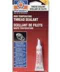 Image of product packaging for High Temperature Thread Sealant for Automotive and Industrial Use White Fast Curing Formula That Withstands Extreme Heat For No Leak Sealing on Exhaust Threads, Engine Fasteners, Plumbing and Equipment, featuring a 6mL tube against a red background.