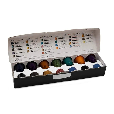 Box of assorted coffee capsules compatible with Essenza Mini Coffee And Espresso Machine By De'Longhi