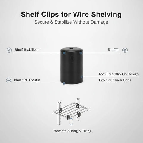 Stabilize Wire Shelving With Black PP Plastic Clips That Snap On To Grid Intersections, Fits 1 To 1.7 Inch Spacing, Heavy Duty