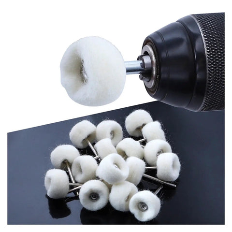 Premium Wool Felt Buffing Wheels With 3mm Shank For Rotary Tools, soft polishing heads on silver surface, ideal for cleaning.