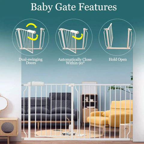 Diagram showing features of Extra Wide Pressure Mounted Baby Gate Walk Through, dual-swinging doors with auto close and hold open.