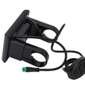 Side view of LCD S900 Display Panel For 36V 48V Electric Bikes All In One Cycling Computer Meter With handlebar mount and wiring.