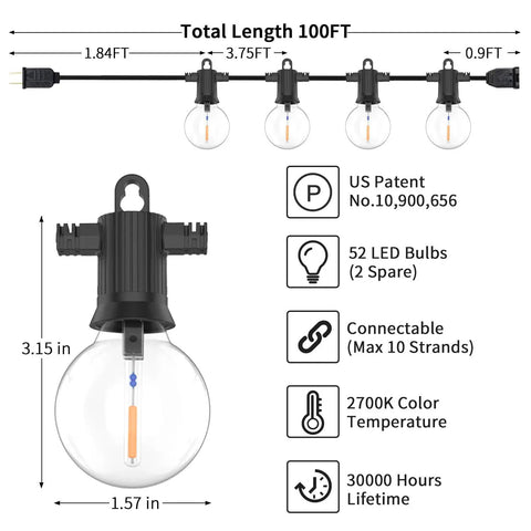 G40 Globe LED Outdoor String Lights 100 Ft IP65 Waterproof Weatherproof with 52 Shatterproof Bulbs and 2 Spares diagram