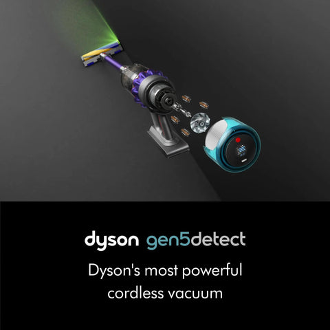 Exploded view of Dyson gen5detect cordless vacuum showcasing internal components and dust illumination feature on black background.