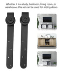 Rustic Barn Door Hardware Kit For Sliding Doors, Heavy Duty Carbon Steel Track Rail Set shown with installation examples