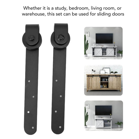 Rustic Barn Door Hardware Kit For Sliding Doors, Heavy Duty Carbon Steel Track Rail Set shown with installation examples