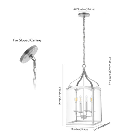 Silver 11 Inch Four Light Traditional Lantern Pendant With Metal Frame And Clear Glass Shade Classic Chandelier For Foyer Or Kitchen Island Energy Saving LED Bulbs Included