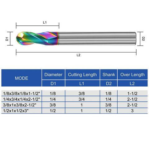 Diagram of 3 Pack 1/4 Inch Solid Carbide Ball Nose End Mills, 2 Flute DLC Coated CNC Milling Cutters with dimensions.