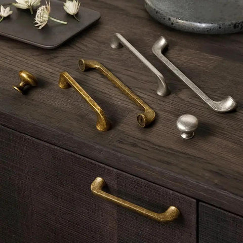 Antique Brass Cabinet Handles Set Of 6 192mm Retro Drawer Pulls Zinc Alloy Vintage Kitchen Hardware on wooden surface