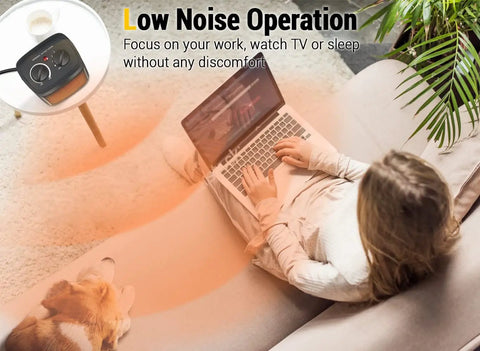 Woman using 1500W Electric Space Heater Portable With Thermostat And PTC Ceramic Heating Quick Heat In A Snap in living room