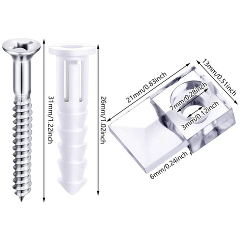 20 Pack Mirror Clips Kit For Wall Mounts And Cabinet Doors With 6mm Glass, 0.24 Inch Offset, screws, anchor, and clip dimensions