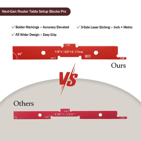 Comparison of Next-Gen Router Table Setup Blocks with laser etching and wider design versus other blocks