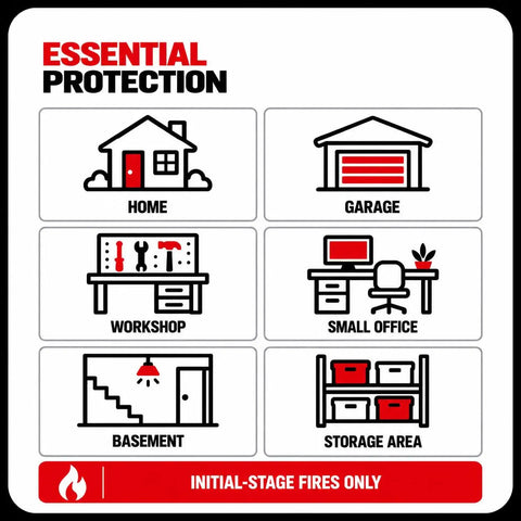 Essential Protection infographic showing home, garage, workshop, small office, basement, and storage area for fire safety.