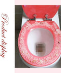 Heavy Duty Slow Close Toilet Seat Cover Top Shelf Crystal Resin U Shape with decorative pink floral design and rust proof hinges.